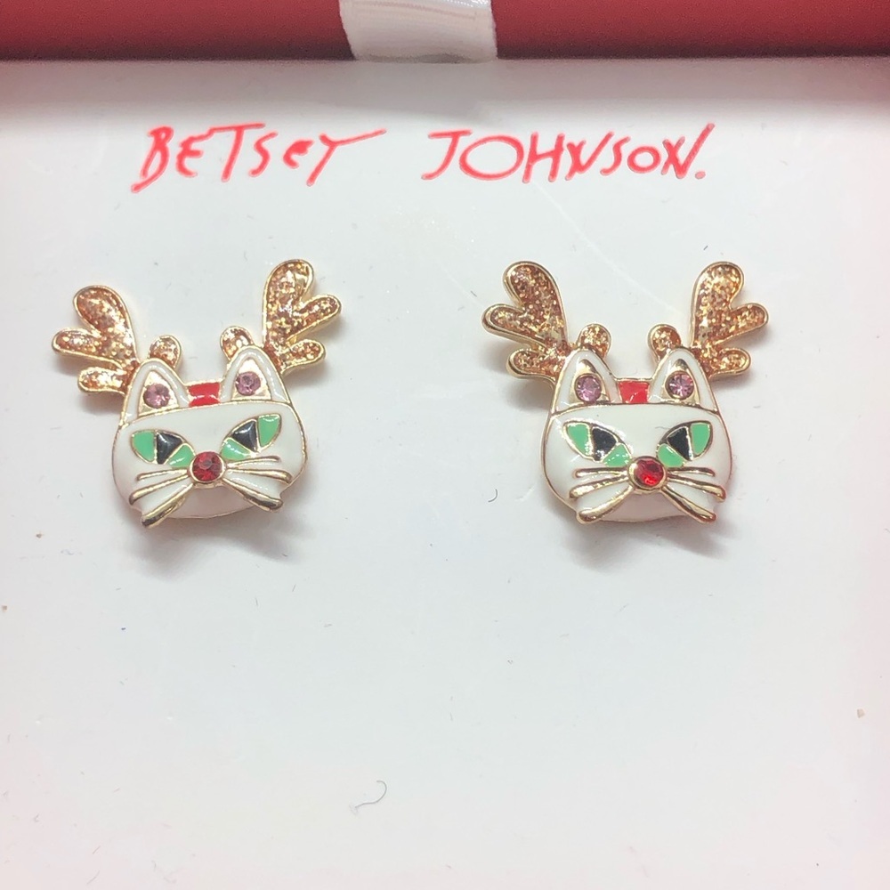 Betsey‎ Johnson pink gemstone cat reindeer earrings new
